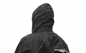 Photo showing waterproof hood in collar on StormRider jacket in Black on white background